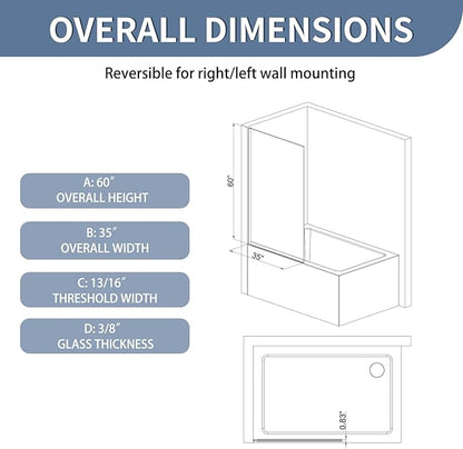 35" W x 60" H Bathtub Fixed Glass Panel, 3/8" Tempered Glass