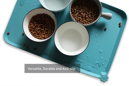Hoki Found L Silicone Pet Food Mats Tray - Non Slip Pet Dog Cat Bowl Mats Placemat - Dog Pet Cat Feeding Mat - Waterproof Dog Cat Food Mats -Pet Water Mats for Carpet -Glacier