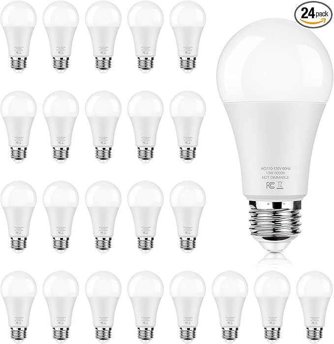 LED Light Bulbs 100 Watt Equivalent 1500 lumens, A19 5000K Daylight White Non-Dimmable, Super Bright No Flicker E26 Standard Base, 13W Lightbulb for Bedroom, Living Room, Office Lighting, 24 Packs