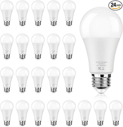 LED Light Bulbs 100 Watt Equivalent 1500 lumens, A19 5000K Daylight White Non-Dimmable, Super Bright No Flicker E26 Standard Base, 13W Lightbulb for Bedroom, Living Room, Office Lighting, 24 Packs