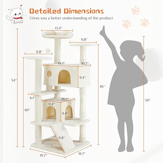 Sweetcrispy 54-Inch Cat Tree Tower – Multi-Level with Sisal Scratching Post, Perfect Pet Gift, Indoor Condo with Climbing Ladder, Plush Toy, and More Animal Stuff, Beige