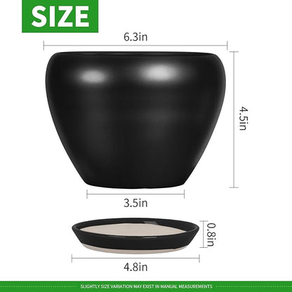 6 Inch Plant Pot - Ceramic Planter with Drainage Hole and Trays, Modern Round Flower Pot, Planters for Indoor Outdoor Plants, Home Garden Decor, Black