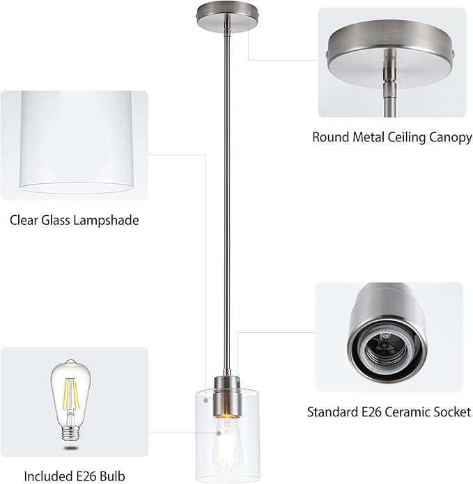 MAYNA 1-Pack Brushed Nickel Ceiling Light Fixture, Simple Silver Mini Pendant with Bulb, Adjustable Rods Contemporary Hanging Lamp for Foyer, Corridor, Sink