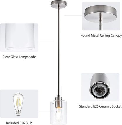 MAYNA 2-Pack Brushed Nickel Hanging Lamps, Contemporary Kitchen Island Pendants with Bulbs, Adjustable Rods Clear Glass Cylinder Lighting for Dining Area