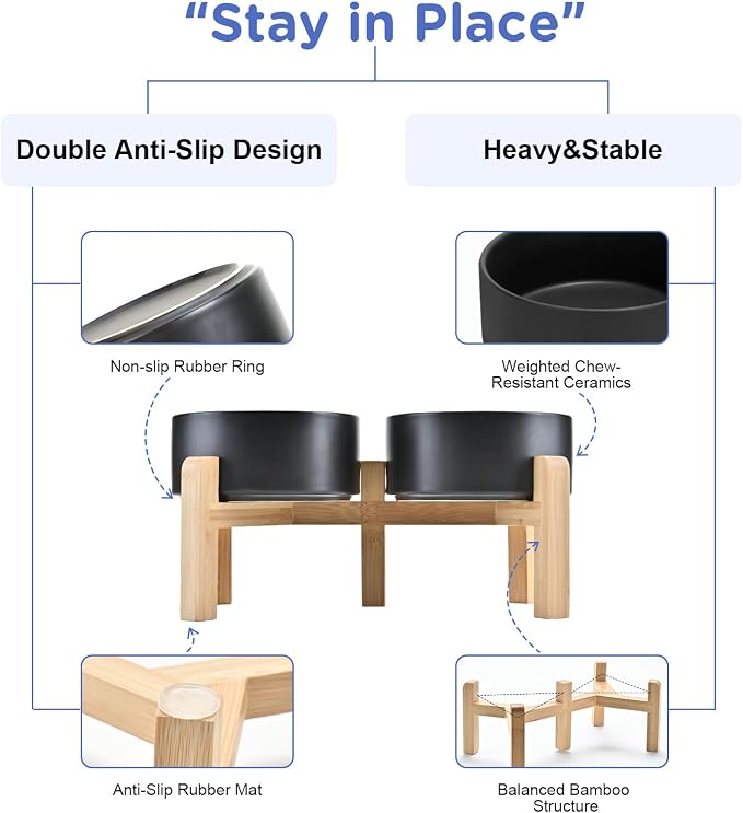 SPUNKYJUNKY Elevated Dog Bowls Ceramic, 6.1'' Dogs and Cat Food Water Bowls Raised with Non-Slip Bamboo Stand for Medium Sized Breed Microwave Dishwasher Safe - 28.7 OZ,Black