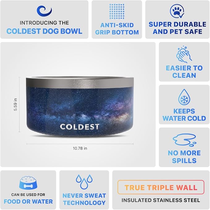 Coldest Dog Bowl - Anti Rust Metal, Non Slip, 3 Layers Insulated Stainless Steel Dog Bowls - Spill Proof & Heavy Duty - Water Bowl for Dogs, Cats & Pets, Dish Washer Safe (200 oz, Into The Beyond)
