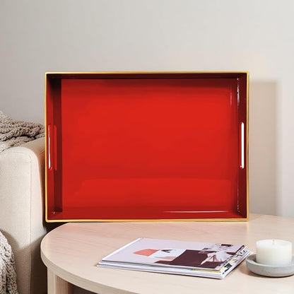 Large Red Rectangular Decorative Tray – Plastic Serving Tray with Handles for Coffee Table, Ottoman, Living Room, 15.7” x 11.8” x 1.6
