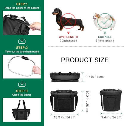 Dog Bike Basket, Folding Front Pet Carrier for Small Dogs Cats Up to 11 lbs, Quick-Release Bicycle Basket with Safety Tether, Fits Mountain City Cruiser Bikes, Detachable Handlebar Bag