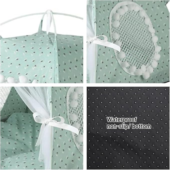 Cat Bed Tents Dog House Indoor Outdoor Lace Mesh Breathable Windows Door Curtains Removable Portable Nest Teepe House (Large,Mint&White)