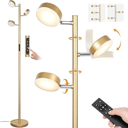 Gold Floor Lamp for Living Room with Remote Modern Tall Standing Lamp Dimmable LED Brass Tree Floor Lamps with 3 Adjustable Heads Touch Control 4 Color Temperatures for Bedroom Office Reading