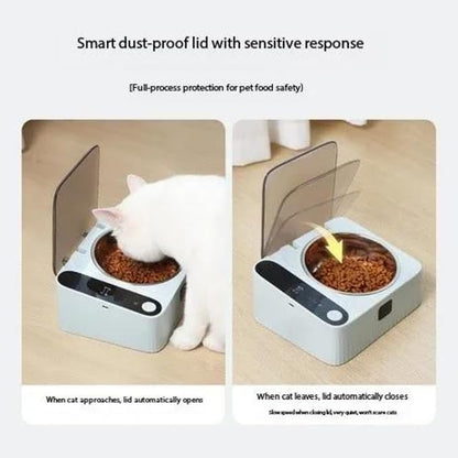 Automatic Pet Feeder with Motion-Sensor Activated Auto-Open Lid,Dustproof Stainless Steel Feeding Bowl Station for Cats and Small Dogs, Maintains Pet Food Freshness for Longer Time