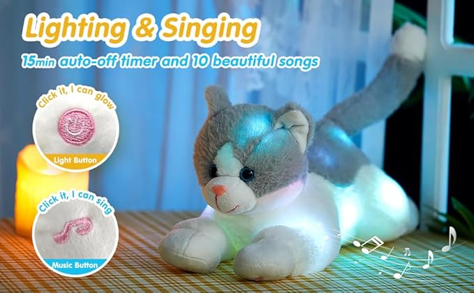 Houwsbaby 15" Gray LED Musical Cat Stuffed Animal Floppy Singing Kitty Light Up Plush Toy Kitten Lullaby Animated Soothe Birthday Festival for Kids Toddlers Girls Boys