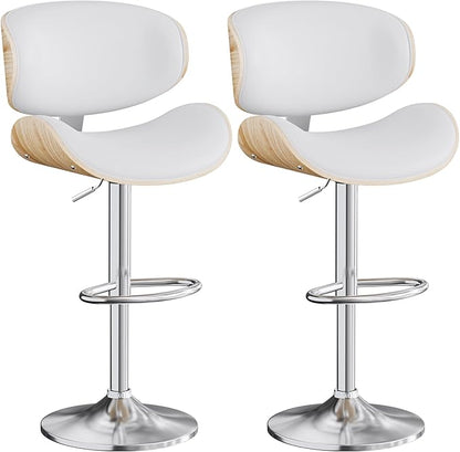 Aowos Bar Stools Set of 2, Adjustable Swivel Leather Bar Stools for Kitchen Island, Mid Century Modern Counter Height Bar Chairs Barstools with Back & Footrest (Cream White)