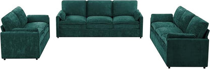 3 Pieces Chenille Sofa Set w/Arm Pillows, Upholstered Loveseat & 2 Pieces 3 Seater Sofa w/Comfortable Back Cushions, Modern 2-Seat & 3-Seat w/High-Density Foam for Living Room, Teal