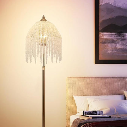 Vintage Style Floor Standing Lamp, Waterfall Design with Grape-Shaped Tall Gold Pole Light, Modern Dimmable Crystals Standing Lamps (Gold + Iron-6)