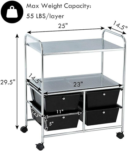 Giantex Rolling Storage Cart w/ 4 Drawers 2 Shelves Metal Rack Shelf Home Office School Beauty Salon Utility Organizer Cart with Wheels (Black)
