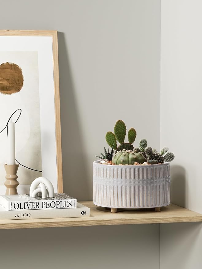 LE TAUCI Succulent Pots, 6.5+8 Inch Ceramic Indoor Plant Pot with Drainage Hole, Shallow Round Succulent Planters, Set of 2, Reactive Glaze Star White