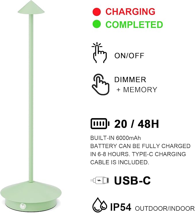 2-Pack 6000mAh Rechargeable Led Table Lamp Cordless,3000K-6000K Stepless Dimming Touch Lamps with Memory Function,IP54 Waterproof Aluminum Table Light for Outdoor/Bars/Restaurant/Patio(Green)