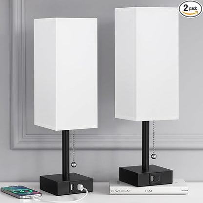 Bedside Table Lamps Set of 2 - Small White Bedroom Lamps with 3 Color Temperatures (3000K/5000K/4000K), Square Nightstand Lamp with USB C + A Charging Ports, Pull Chain Night Light