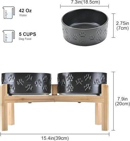 SPUNKYJUNKY Elevated Dog Bowls Ceramic, 7.3'' Dogs Food Water Bowls Raised with Non-Slip Bamboo Stand for Medium to Large Sized Breed Microwave Dishwasher Safe - 42 OZ,Paw Black