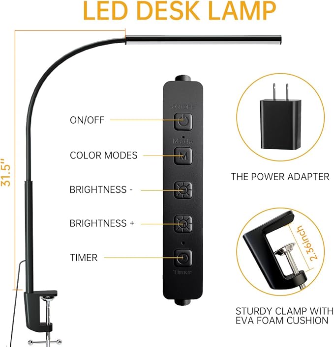 LED Desk Lamp with Clamp, Eye-Protection Clip on Desk Lamp, 5 Modes 10 Brightness Adjustment, 360°Flexible Gooseneck Lamp for Home Office, Lamps with USB Adapter，Black