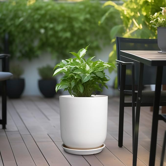 Pots for Plants - 10 Inch Ceramic Plant Pot with Drainage Hole and Saucer Large Planter for Plants Indoor Outdoor Modern Flower Pot for Home Decor White