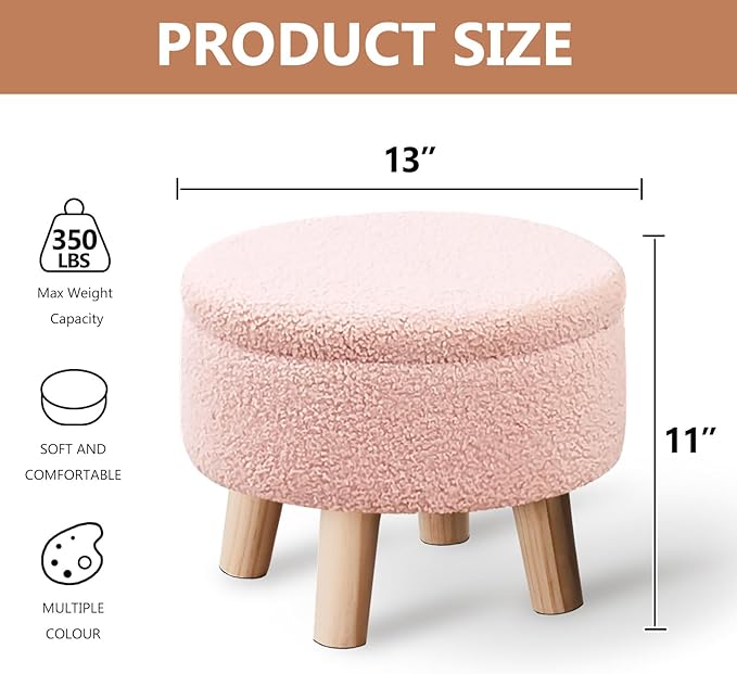 Wimarsbon Storage Ottoman, Modern Round Footrest with Soft Padded Seat, Teddy Velvet Footstool with Wood Legs, Accent Small Table or Plant Stand for Hallway, Living Room (Pink)