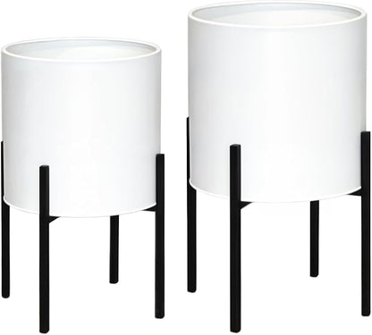 ARNIS Modern Plant Pots, Large Planters with Stand, Set of 2 Decorative Planters, Metal Pots with Drainage Holes for Living Room, Office, Garden or Balcony, 10.5 &12.25 Inch, White