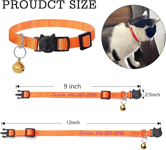shangye Personalized Cat Collar, Custom Embroidered Cat Collars with with Name and Phone Number, Nylon ID Collar for Cat or Kitten with Breakaway Safety Release Buckle with Bell