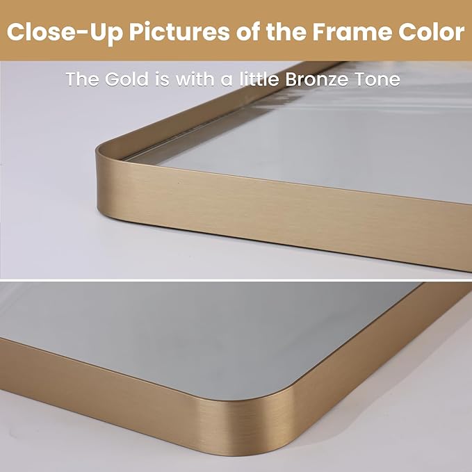 LOAAO 40"X32" Gold Bathroom Mirror, Rounded Rectangle Gold Frame Mirror