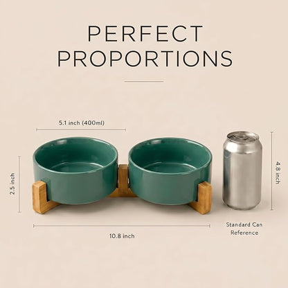 SPUNKYJUNKY Ceramic Dog and Cat Bowl Set with Wooden Stand, Modern Cute Weighted Food Water Set for Small Size Dogs (13.5OZ) & Medium Sized Dogs (28.7OZ) & Cats (1.7 Cups, 2 × Light Green)