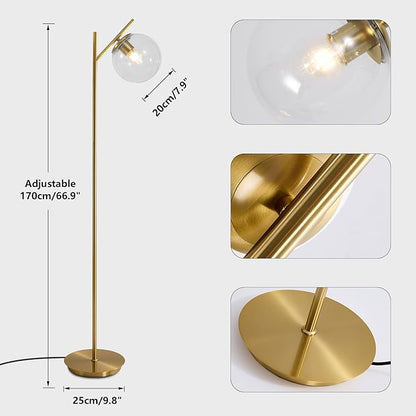 Mid Century Brass Floor Lamps Vintage Clear Standing Lamp for Living Room Modern Tall Freestanding Lamps Retro Farmhouses Globe Floor Lamp for Bedroom Office