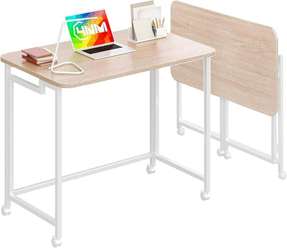 4NM 31.5" Mobile Small Rolling Computer Desk, Folding Laptop Cart Table with Wheels, Portable Office Desk for Small Space Couch Bed - Natural and White