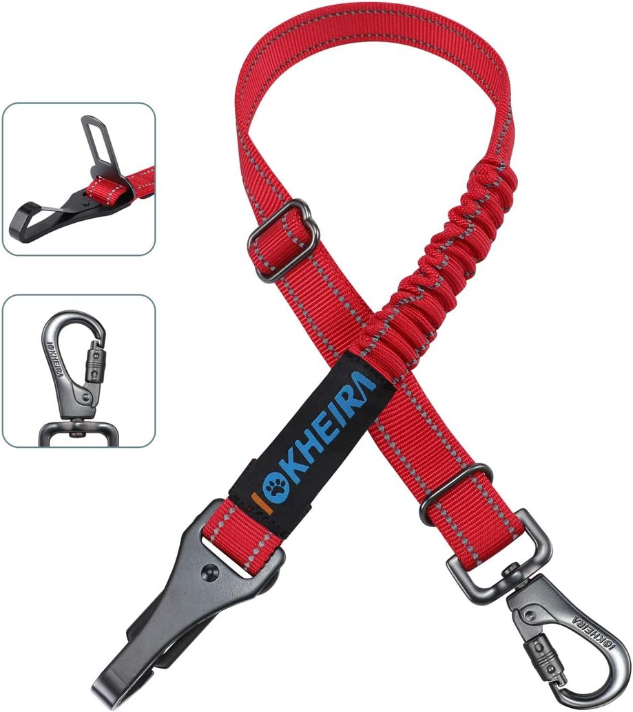 IOKHEIRA Dog Seat Belt 3-in-1 Car Harness for Dogs Adjustable Safety Seatbelt for Car Durable Nylon Reflective Bungee Fabric Tether with Clip Hook Latch & Buckle, Swivel Zinc Alloy Carabiner Red