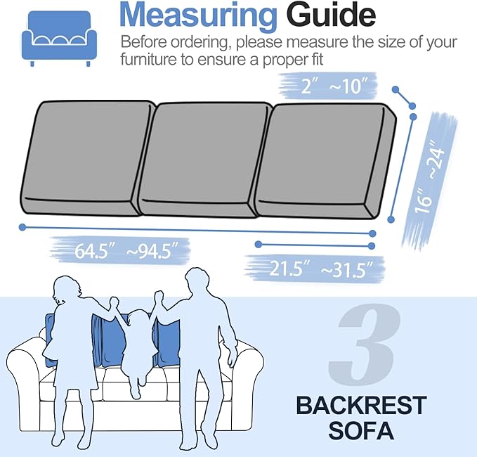 Large Backrest Cushion Covers Super Stretch Backrest Covers for 3 Cushion Couch Sofa, Couch Back Cushion Covers Featuring with Chenille Yarn (Softer Version, 3PC, Dark Grey)