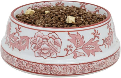 Aimusego Pink & White Ceramic Dog Bowl,Chinoiserie Floral Heavy Duty Non-Slip Dog Food Water Bowls, Ceramic Dish for Medium and Small Dogs and Cats, for Pet Owners,Puppy 9inch