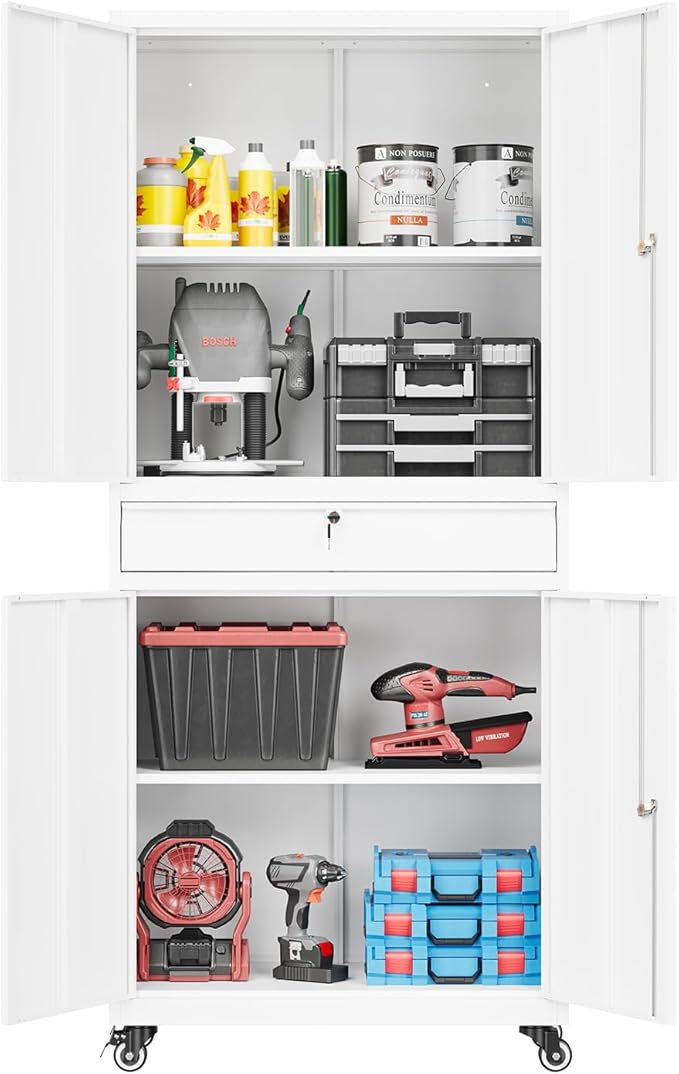 73" Metal Cabinet-White Heavy Duty Rolling Storage Cabinet Steel Tool Cabinets