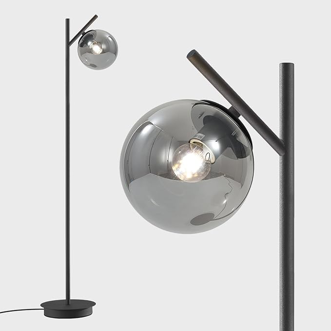 Mid Century Floor Lamp for Living Room Moderm Tall Standing Lamp with Frosted Glass Globe Shades Contemporary Brass Freestanding Lamp for Office Bedroom (Black-Smoky Gray)