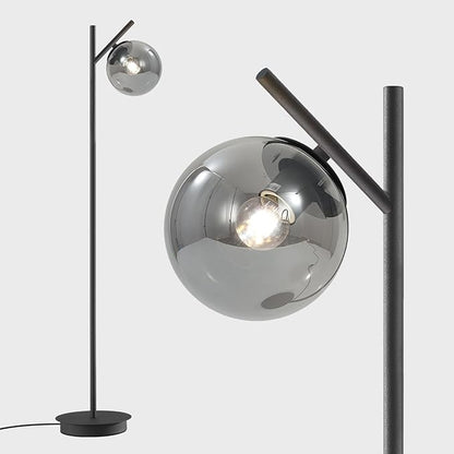 Mid Century Floor Lamp for Living Room Moderm Tall Standing Lamp with Frosted Glass Globe Shades Contemporary Brass Freestanding Lamp for Office Bedroom (Black-Smoky Gray)