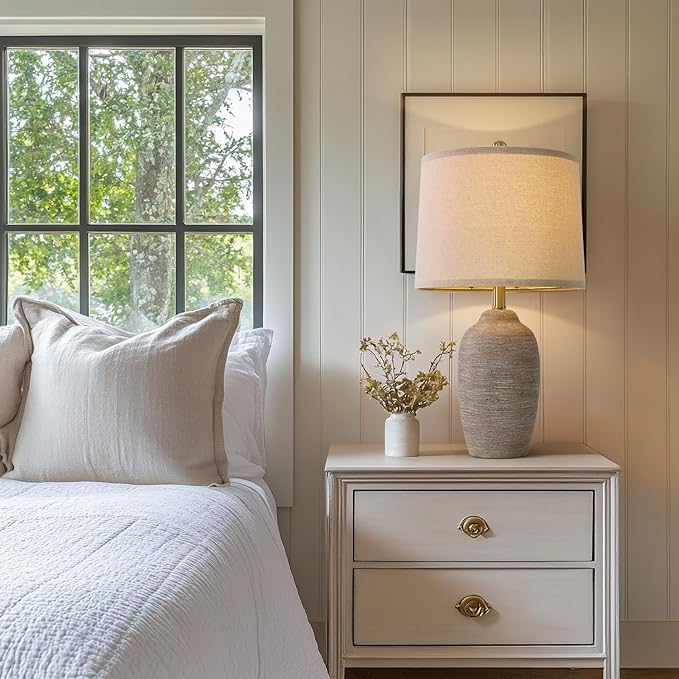 24.5" Handcrafted Ceramic Table Lamp - Single Farmhouse Vintage Rustic Bedside Lighting for Living Room, Bedroom, Entryway | Nightstand & End Table Decor with Linen Shade (Bulb Not Included)