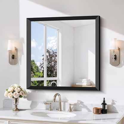 Black Bathroom Mirror 30 x 30 Inch Rectangle Wave Beveled