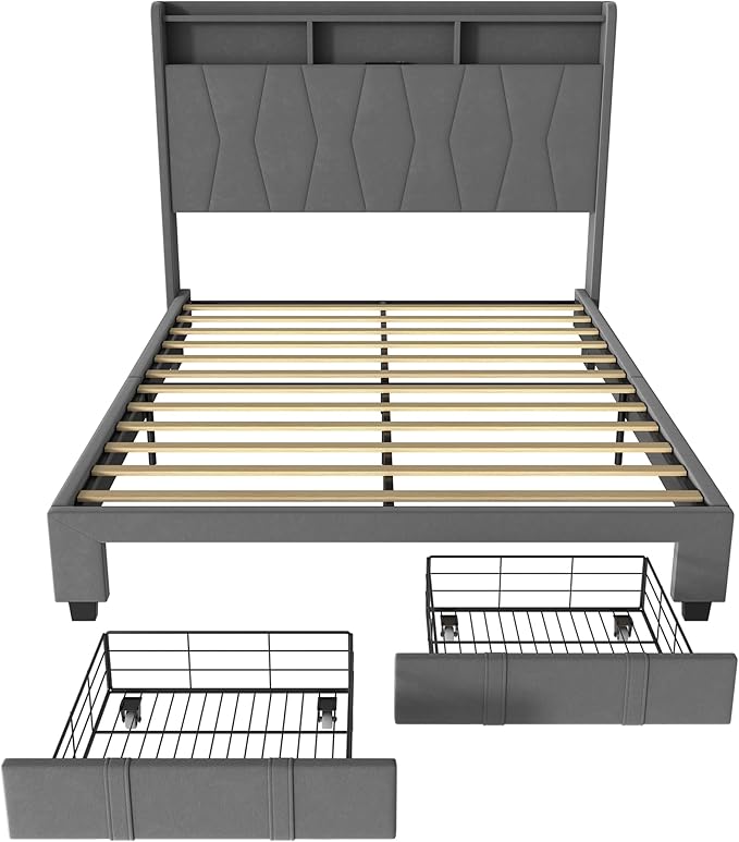 Queen Bed Frame, Velvet Upholstered LED Platform Bed with Headboard Storage, Queen Bed Built-in Charging Station with 2 Drawers, Wood Slat Support, No Box Spring Needed, Grey