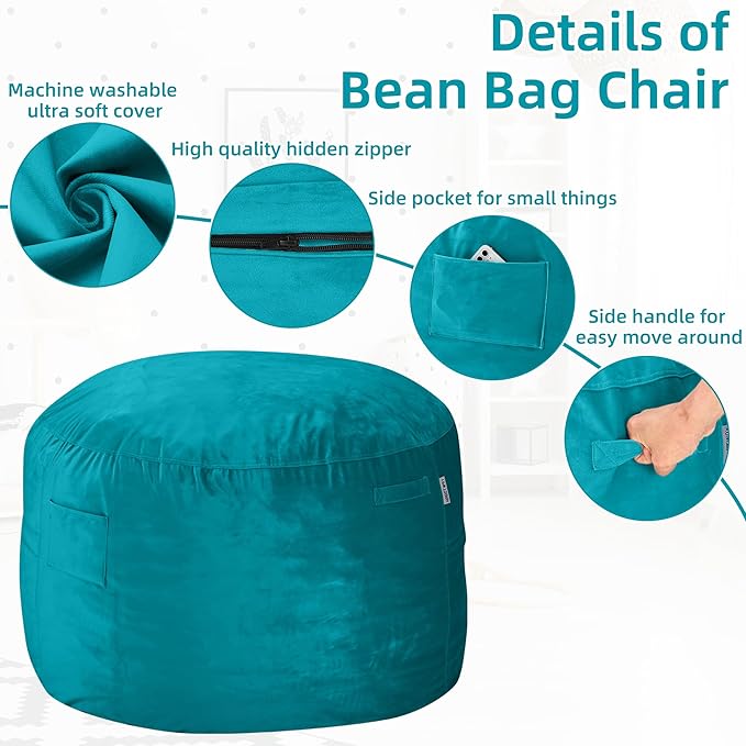 HABUTWAY Bean Bag Chair: Giant 4' Memory Foam Furniture Bean Bag Chairs for Adults with Microfiber Cover 4Ft (Sea Blue)