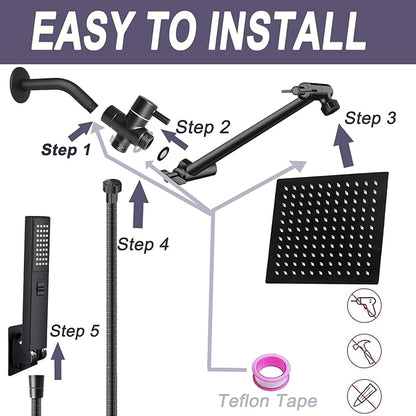 10" High Pressure Square Rainfall Shower Head and 2-in-1 Hand Shower, Rainfall