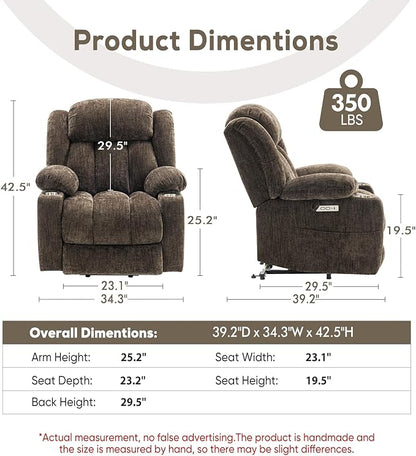 ABCASA Large Power Lift Chairs Recliners for Elderly Set of 2 with Heated and Massage, Upgraded Chenille Lift Chairs Recliners, USB-A and USB-C, Cup Holder, Side Pocket, Brown