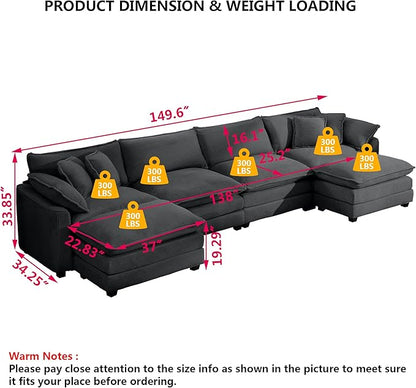 Aoowow Corduroy 4 Seater Couch with Ottomans,Modern Large Cloud Couches for Living Room,U Shaped Modular Sectional Cloud Sofas Deep Seat,U Shape Oversized Tufted Sofa Set (Grey, 4 Seater + 2 Ottoman)