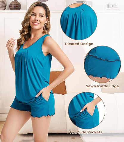 NACHILA Pajamas for Women-Viscose from Bamboo, Ribbed Racerback Tank Top Sexy Split Shorts Pajama Sets Cooling Sleep Cami Pjs