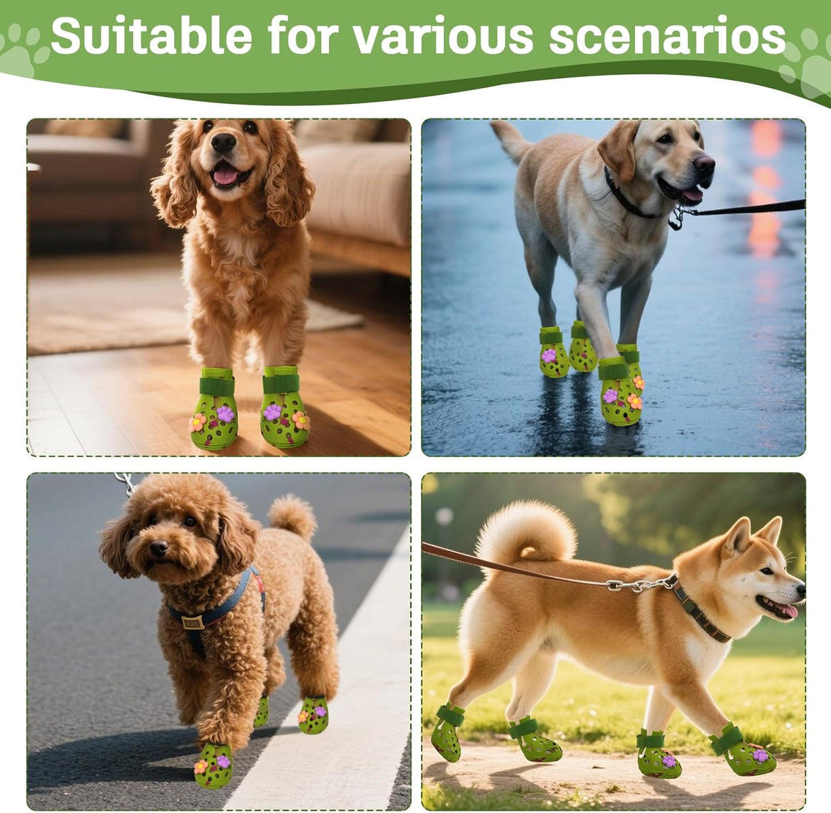 Dog Shoes for Hot Pavement, Adjustable Magic Tape Boots for Small, Medium & Large Dogs, Anti-Slip, Easy to Clean Paw Protectors for Beach, Outdoor & Hot Weather (Green M)