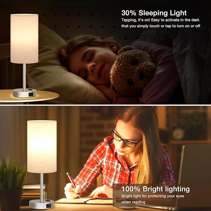 17.4Inch Bedside Touch Table Lamps for Bedroom - Tall Nightstand Lamp with USB-C USB-A Charging Ports White - 3 Way Dimmable Small Desk Lamp for Office, Dorm Room, Living Room, Reading