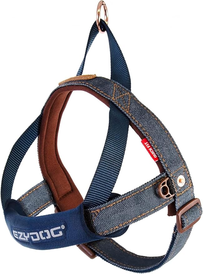 EzyDog Quick Fit Dog Harness, Soft Neoprene Padding - X-Small, Denim | Fast One-Click Buckle, Adjustable Fit, Strong Reinforced Materials, Reflective Stitching, No Pull Dog Harness, Easy Walking